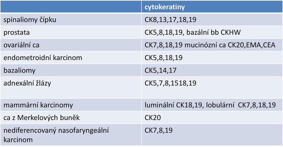 cytokeratiny CK8,13,17,18,19 CK5,8,18,19, bazální bb CKHW CK7,8,18,19 mucinózní ca