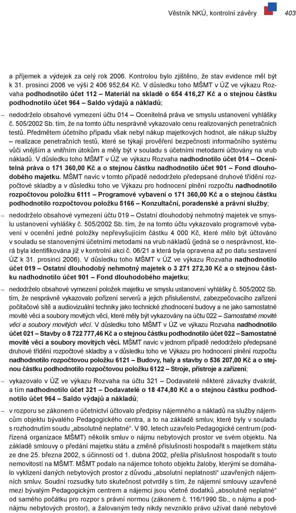 014 Ocenitelná práva ve smyslu ustanovení vyhlášky č. 505/2002 Sb. tím, že na tomto účtu nesprávně vykazovalo cenu realizovaných penetračních testů.