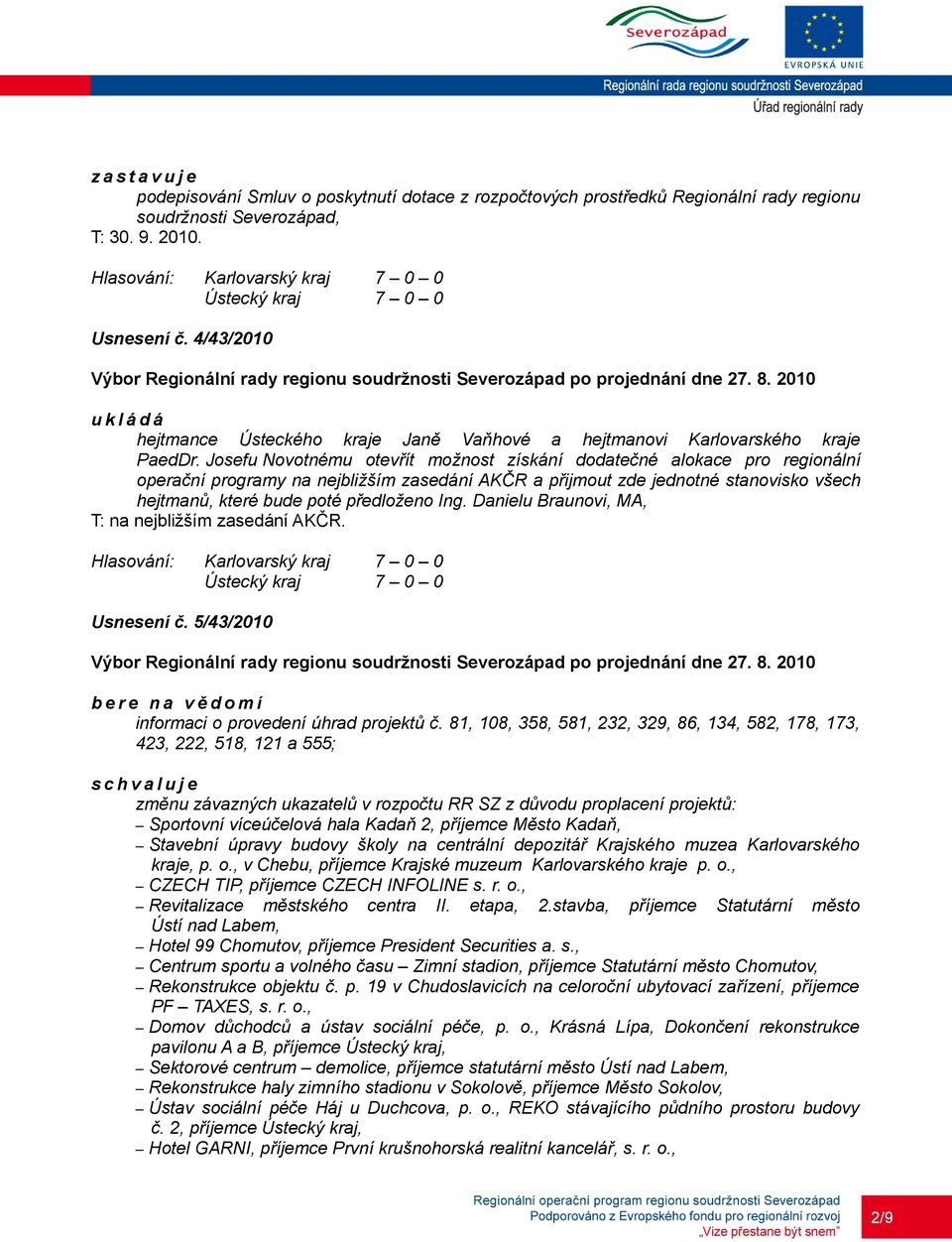 Josefu Novotnému otevřít možnost získání dodatečné alokace pro regionální operační programy na nejbližším zasedání AKČR a přijmout zde jednotné stanovisko všech hejtmanů, které bude poté předloženo