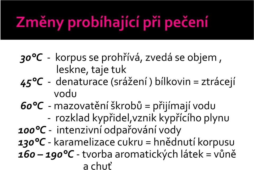 rozklad kypřidel,vznik kypřícího plynu 100 C- intenzivní odpařování vody 130 C-