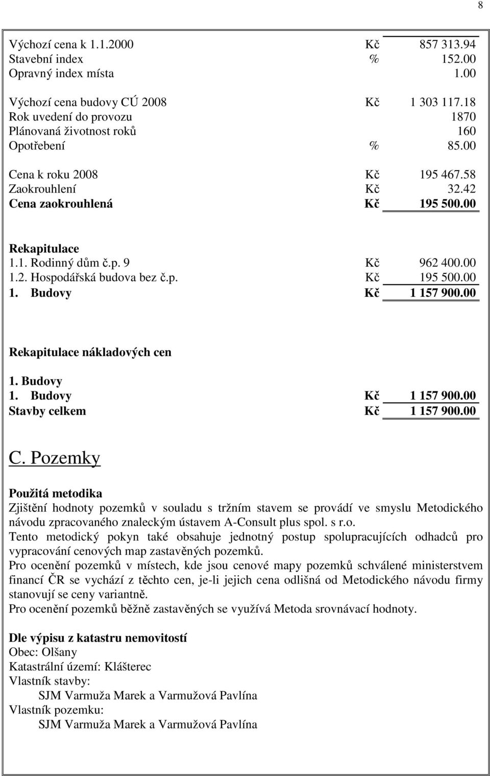 00 1.2. Hospodářská budova bez č.p. Kč 195 500.00 1. Budovy Kč 1 157 900.00 Rekapitulace nákladových cen 1. Budovy 1. Budovy Kč 1 157 900.00 Stavby celkem Kč 1 157 900.00 C.