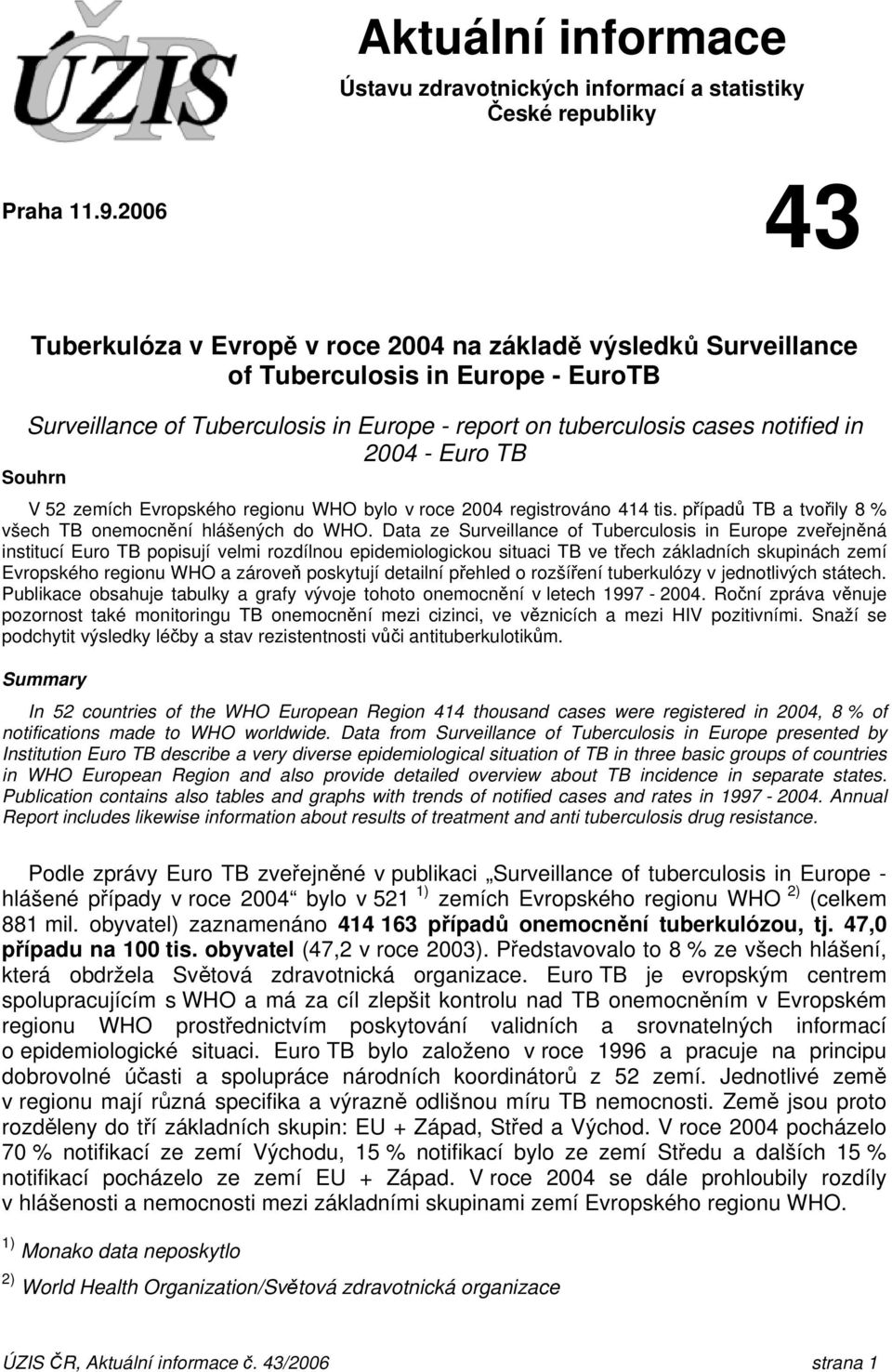 Souhrn V 52 zemích Evropského regionu WHO bylo v roce 24 registrováno 414 tis. případů TB a tvořily 8 % všech TB onemocnění hlášených do WHO.