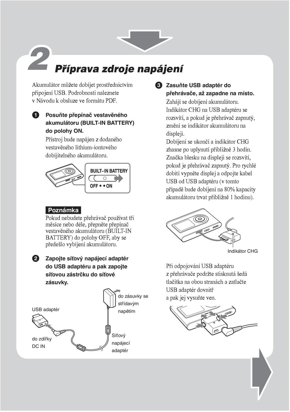 Poznámka Pokud nebudete přehrávač používat tři měsíce nebo déle, přepněte přepínač vestavěného akumulátoru (BUILT-IN BATTERY) do polohy OFF, aby se předešlo vybíjení akumulátoru.