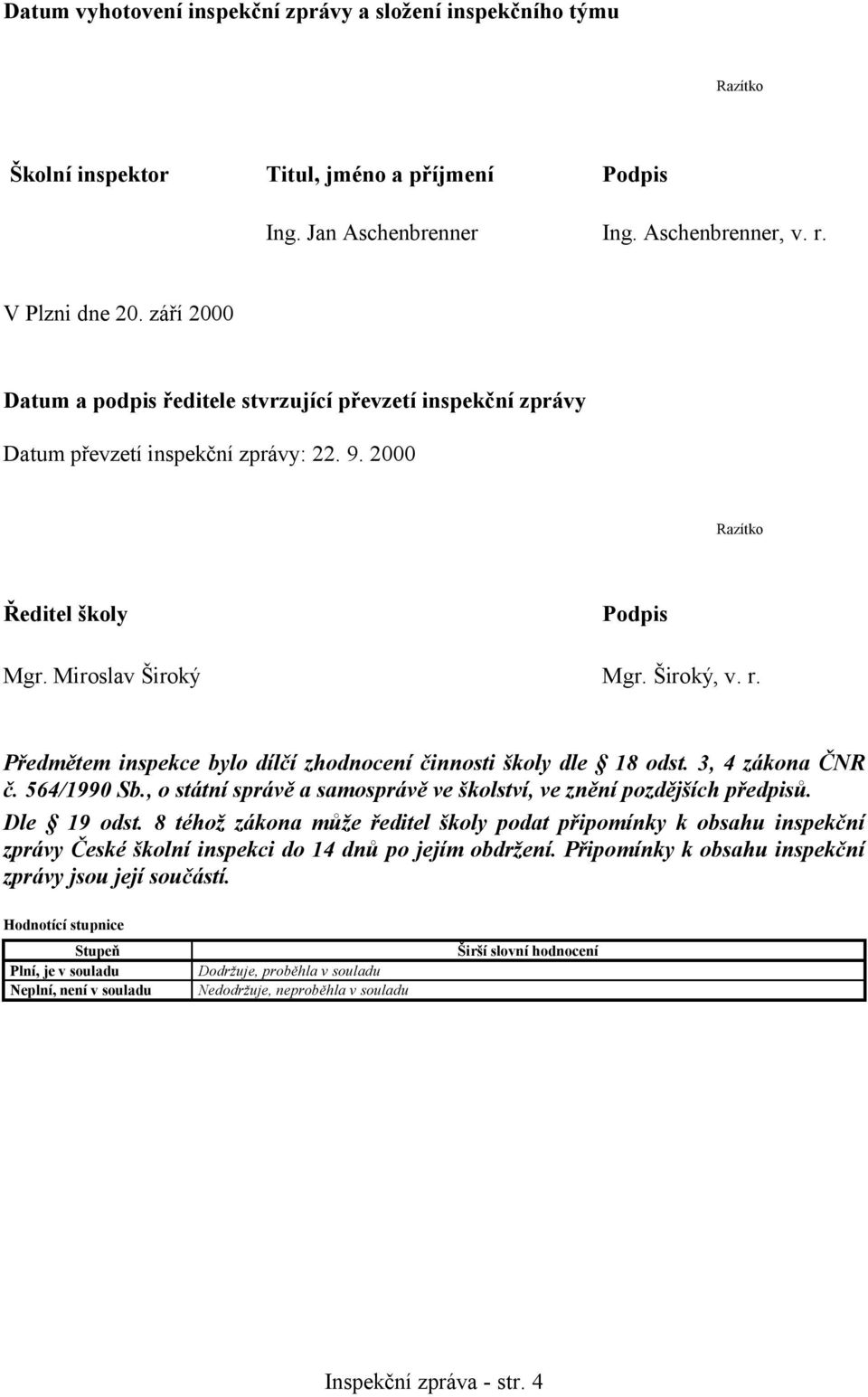 Předmětem inspekce bylo dílčí zhodnocení činnosti školy dle 18 odst. 3, 4 zákona ČNR č. 564/1990 Sb., o státní správě a samosprávě ve školství, ve znění pozdějších předpisů. Dle 19 odst.