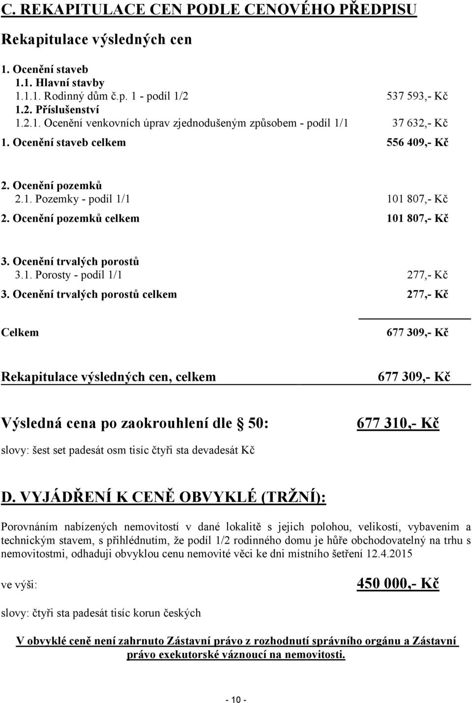 Ocenění trvalých porostů celkem 277,- Kč Celkem 677 309,- Kč Rekapitulace výsledných cen, celkem 677 309,- Kč Výsledná cena po zaokrouhlení dle 50: 677 310,- Kč slovy: šest set padesát osm tisíc