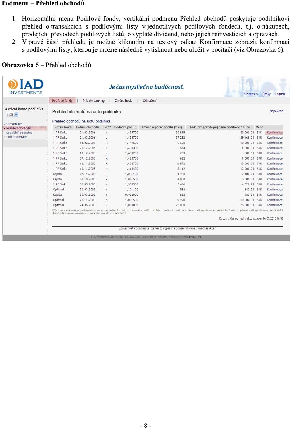 v jednotlivých podílových fondech, t.j. o nákupech, prodejích, převodech podílových listů, o výplatě dividend, nebo jejich reinvesticích a opravách.
