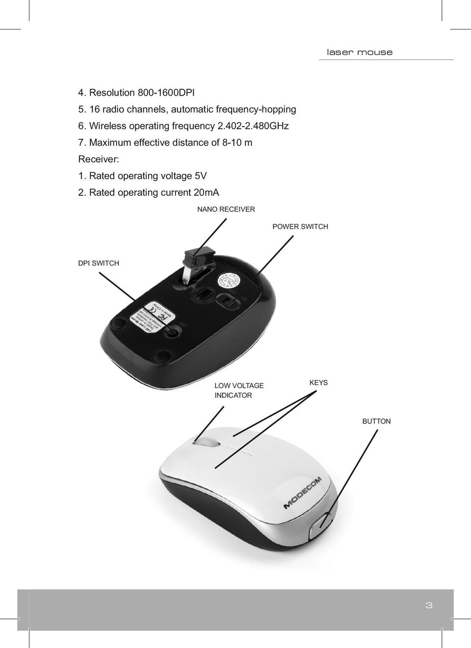 Wireless operating frequency 2.402-2.480GHz 7.