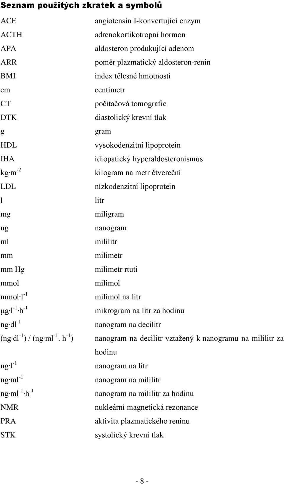 centimetr počítačová tomografie diastolický krevní tlak gram vysokodenzitní lipoprotein idiopatický hyperaldosteronismus kilogram na metr čtvereční nízkodenzitní lipoprotein litr miligram nanogram