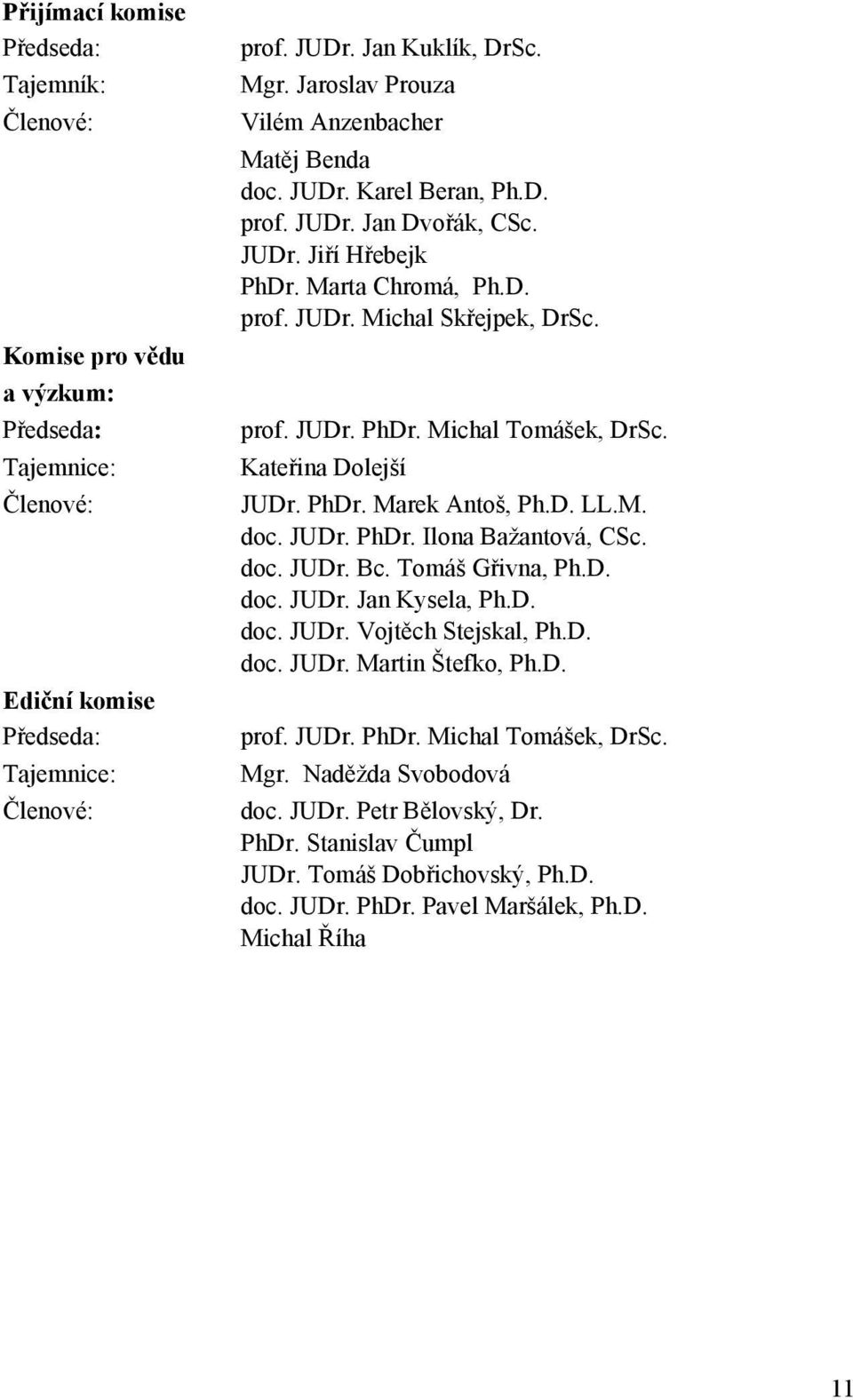 Kateřina Dolejší JUDr. PhDr. Marek Antoš, Ph.D. LL.M. doc. JUDr. PhDr. Ilona Bažantová, CSc. doc. JUDr. Bc. Tomáš Gřivna, Ph.D. doc. JUDr. Jan Kysela, Ph.D. doc. JUDr. Vojtěch Stejskal, Ph.D. doc. JUDr. Martin Štefko, Ph.