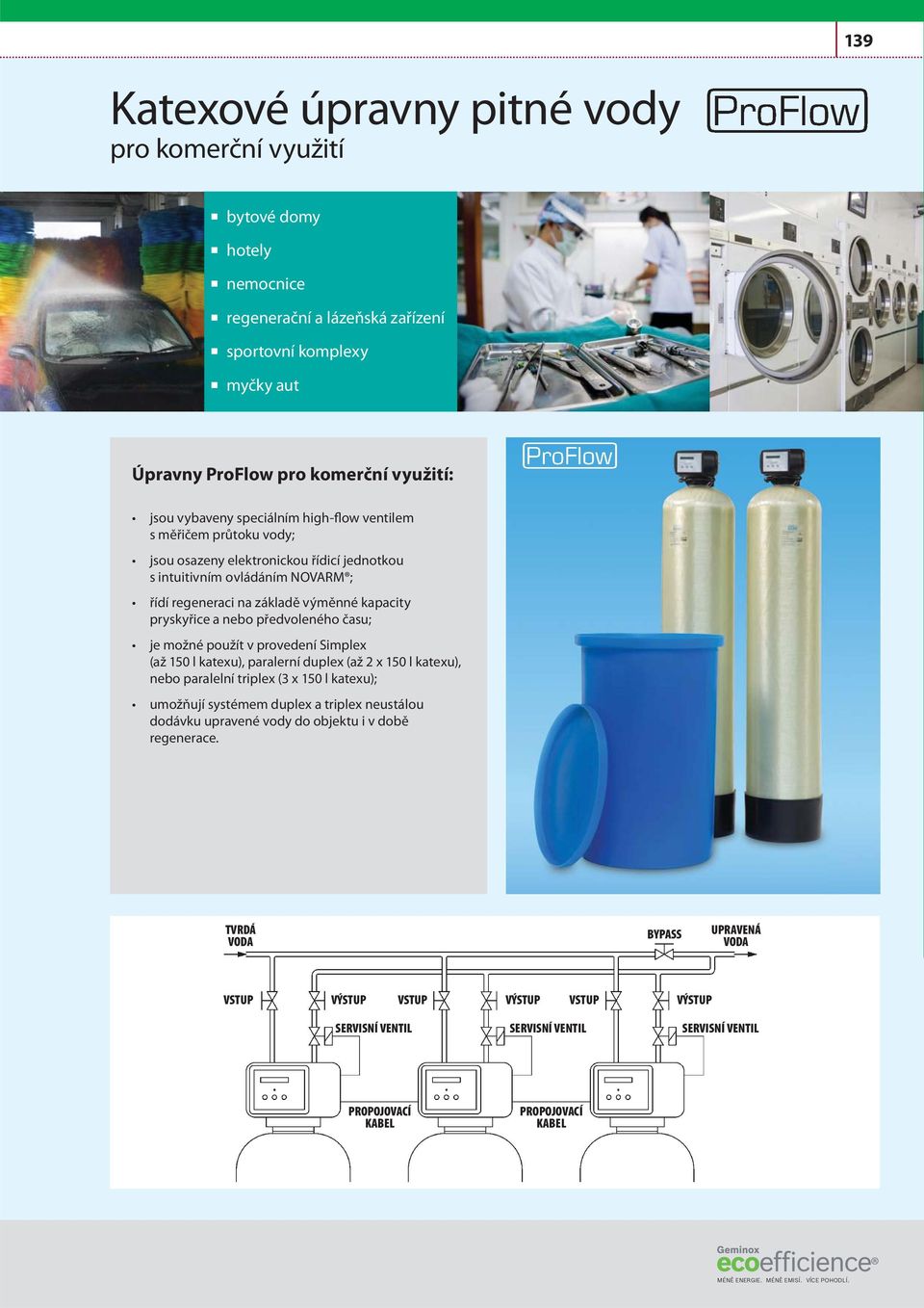 předvoleného času; je možné použít v provedení Simplex (až 150 l katexu), paralerní duplex (až 2 x 150 l katexu), nebo paralelní triplex (3 x 150 l katexu); umožňují systémem duplex a triplex