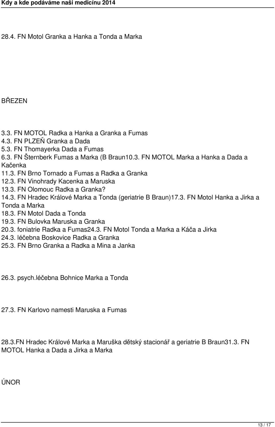 3. FN Motol Hanka a Jirka a Tonda a Marka 18.3. FN Motol Dada a Tonda 19.3. FN Bulovka Maruska a Granka 20.3. foniatrie Radka a Fumas24.3. FN Motol Tonda a Marka a Káča a Jirka 24.3. léčebna Boskovice Radka a Granka 25.