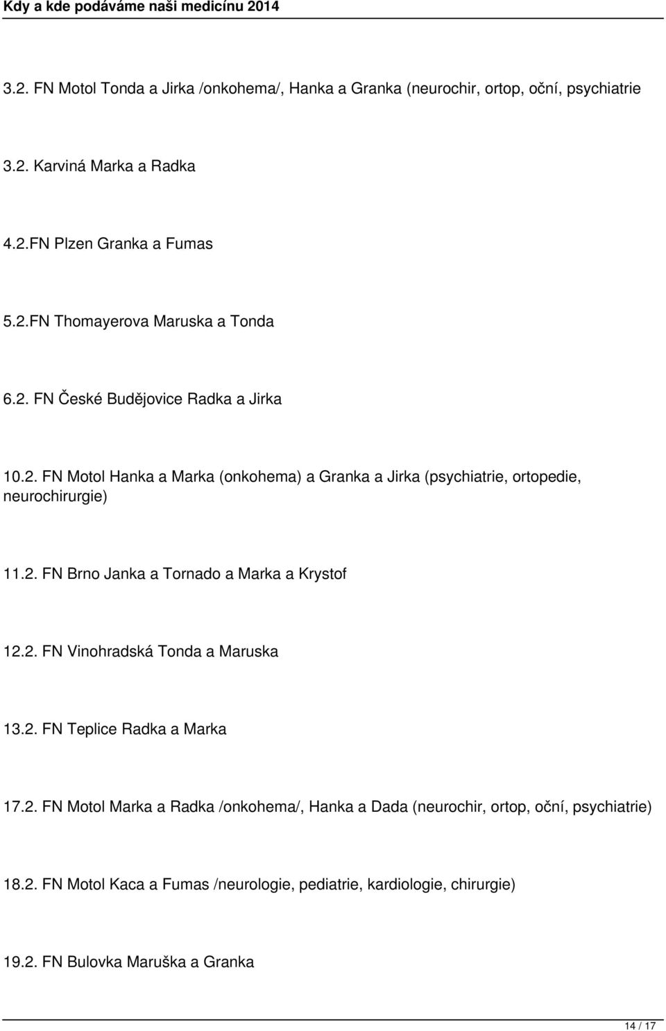 2. FN Vinohradská Tonda a Maruska 13.2. FN Teplice Radka a Marka 17.2. FN Motol Marka a Radka /onkohema/, Hanka a Dada (neurochir, ortop, oční, psychiatrie) 18.