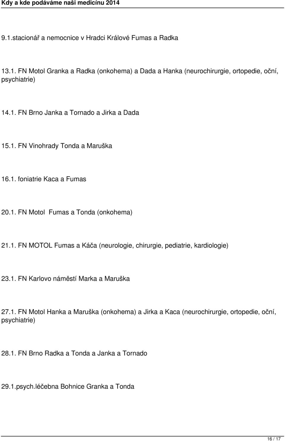 1. FN Karlovo náměstí Marka a Maruška 27.1. FN Motol Hanka a Maruška (onkohema) a Jirka a Kaca (neurochirurgie, ortopedie, oční, psychiatrie) 28.1. FN Brno Radka a Tonda a Janka a Tornado 29.