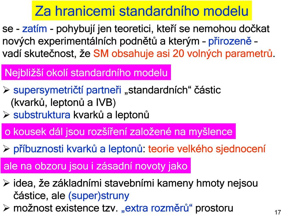 Nejbližší okolí standardního modelu supersymetričtí partneři standardních částic (kvarků, leptonů a IVB) substruktura kvarků a leptonů o kousek dál jsou