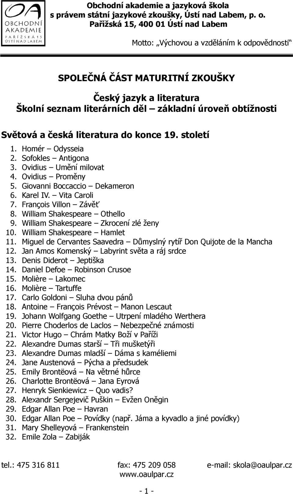 William Shakespeare Zkrocení zlé ženy 10. William Shakespeare Hamlet 11. Miguel de Cervantes Saavedra Důmyslný rytíř Don Quijote de la Mancha 12. Jan Amos Komenský Labyrint světa a ráj srdce 13.