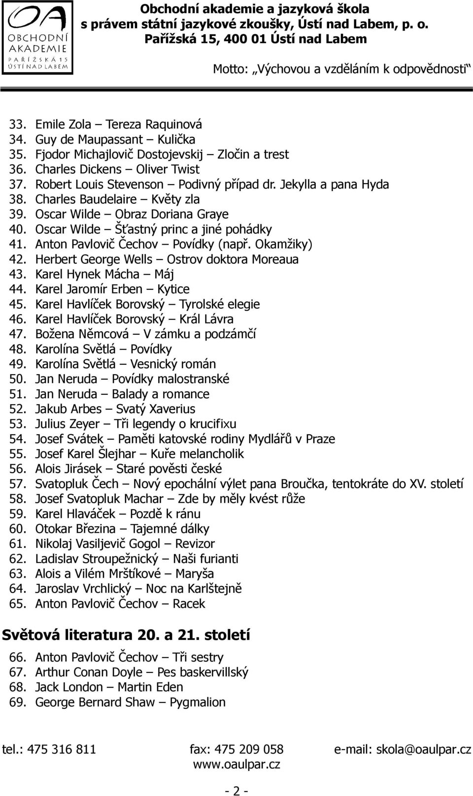 Herbert George Wells Ostrov doktora Moreaua 43. Karel Hynek Mácha Máj 44. Karel Jaromír Erben Kytice 45. Karel Havlíček Borovský Tyrolské elegie 46. Karel Havlíček Borovský Král Lávra 47.