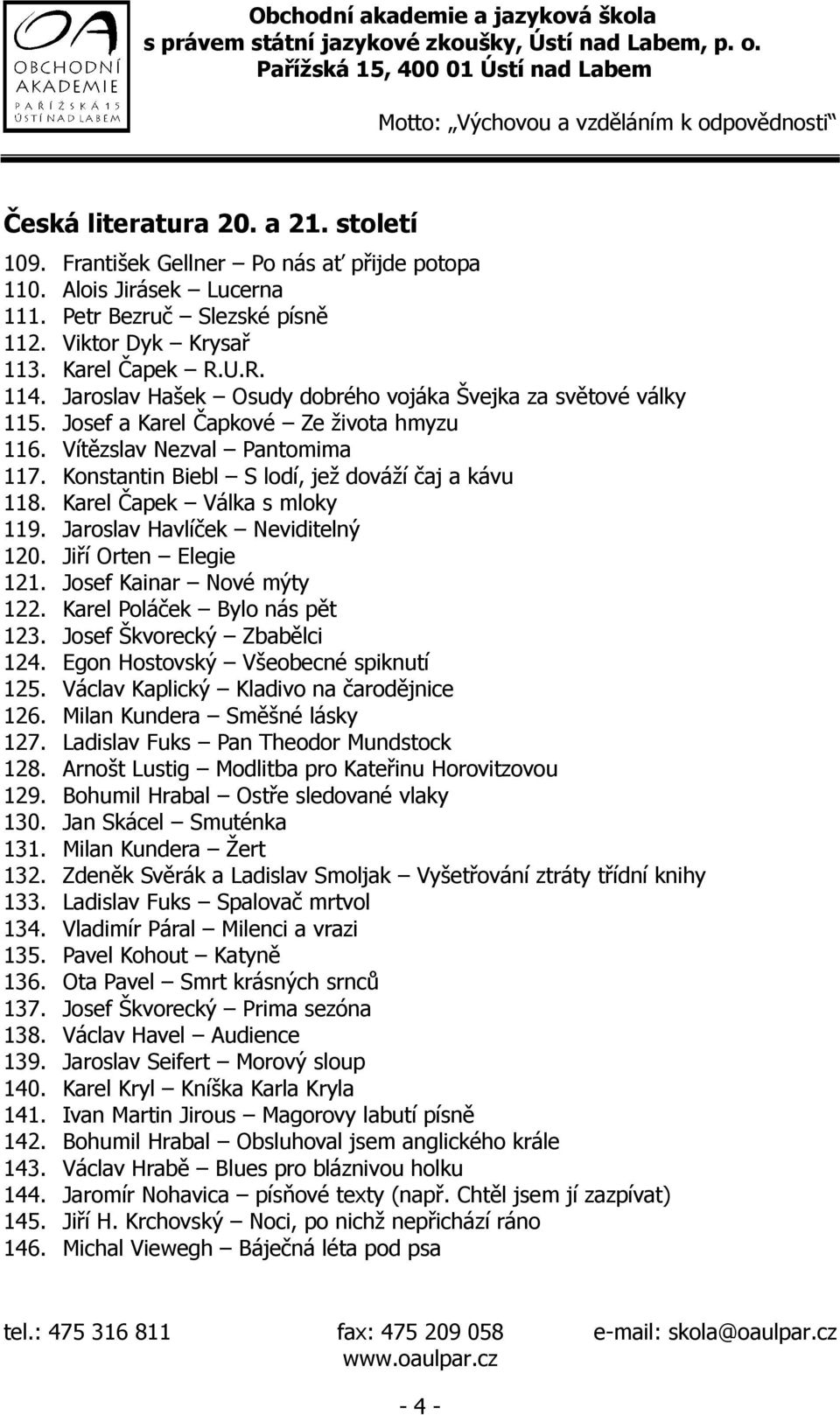 Karel Čapek Válka s mloky 119. Jaroslav Havlíček Neviditelný 120. Jiří Orten Elegie 121. Josef Kainar Nové mýty 122. Karel Poláček Bylo nás pět 123. Josef Škvorecký Zbabělci 124.