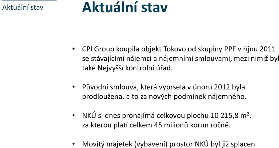 Původní smlouva, která vypršela v únoru 2012 byla prodloužena, a to za nových podmínek nájemného.