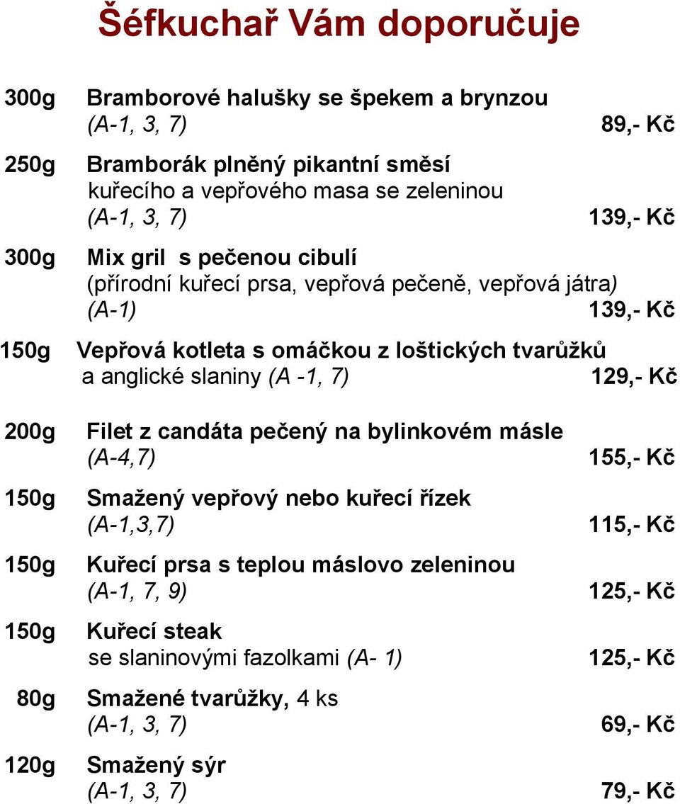 slaniny (A -1, 7) 129,- Kč 200g 150g 150g 150g 80g 120g Filet z candáta pečený na bylinkovém másle (A-4,7) Smažený vepřový nebo kuřecí řízek (A-1,3,7) Kuřecí prsa s teplou