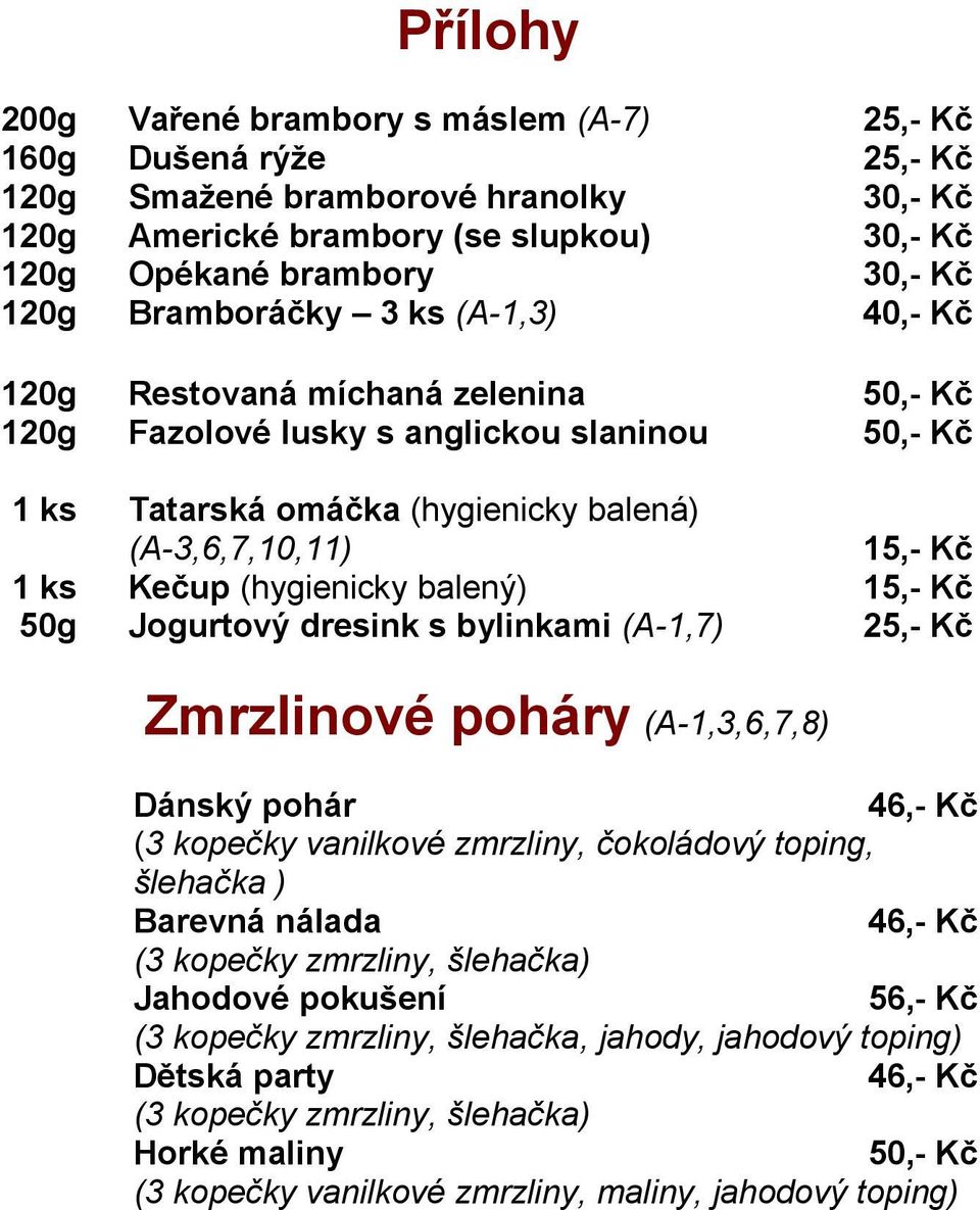 (hygienicky balený) 15,- Kč 50g Jogurtový dresink s bylinkami (A-1,7) 25,- Kč Zmrzlinové poháry (A-1,3,6,7,8) Dánský pohár 46,- Kč (3 kopečky vanilkové zmrzliny, čokoládový toping, šlehačka ) Barevná