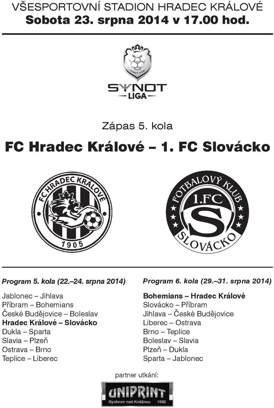 srpna 2014) Jablonec Jihlava Příbram Bohemians České Budějovice Boleslav Hradec Králové Slovácko Dukla Sparta Slavia