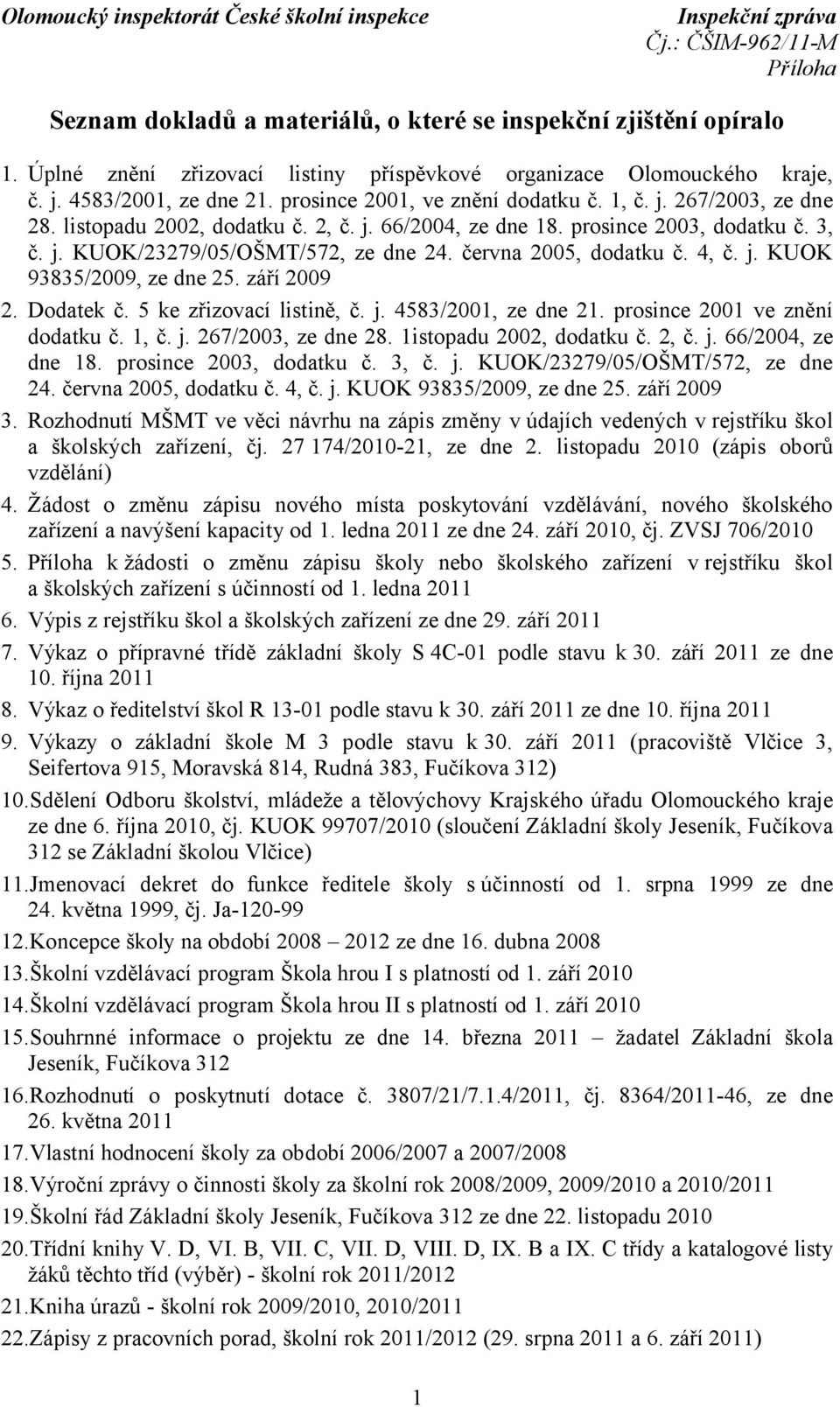 června 2005, dodatku č. 4, č. j. KUOK 93835/2009, ze dne 25. září 2009 2. Dodatek č. 5 ke zřizovací listině, č. j. 4583/2001, ze dne 21. prosince 2001 ve znění dodatku č. 1, č. j. 267/2003, ze dne 28.