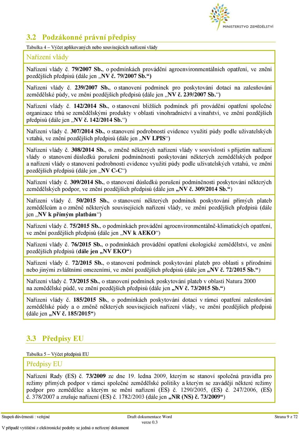 , o stanovení podmínek pro poskytování dotací na zalesňování zemědělské půdy, ve znění pozdějších předpisů (dále jen NV č. 239/2007 Sb. ) Nařízení vlády č. 142/2014 Sb.