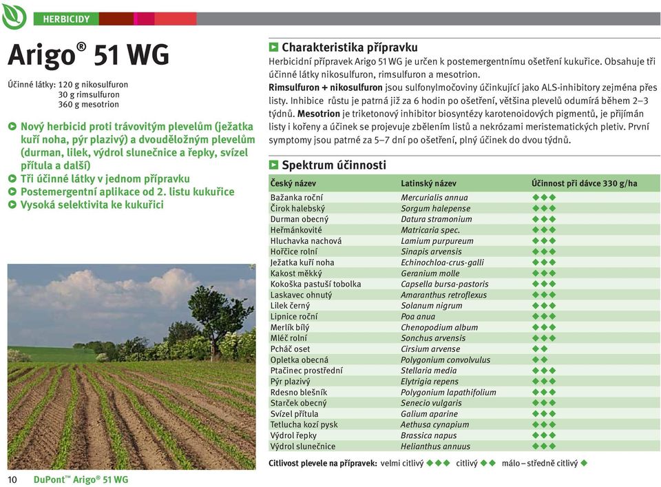 listu kukuřice vysoká selektivita ke kukuřici 10 DuPont Arigo 51 WG Charakteristika přípravku Herbicidní přípravek Arigo 51 WG je určen k postemergentnímu ošetření kukuřice.