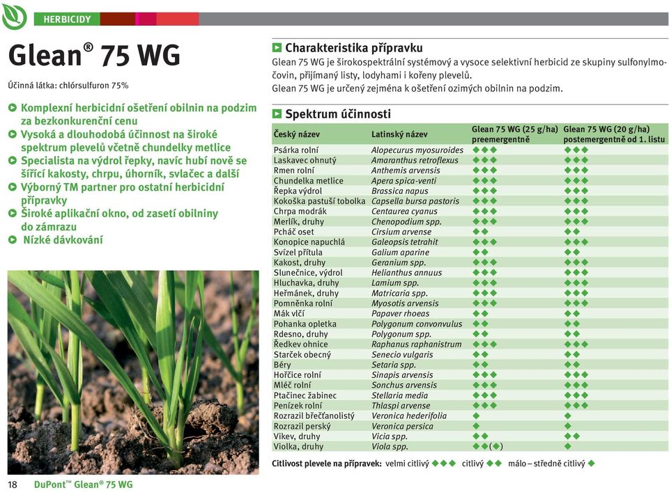 do zámrazu Nízké dávkování Charakteristika přípravku Glean 75 WG je širokospektrální systémový a vysoce selektivní herbicid ze skupiny sulfonylmočovin, přijímaný listy, lodyhami i kořeny plevelů.