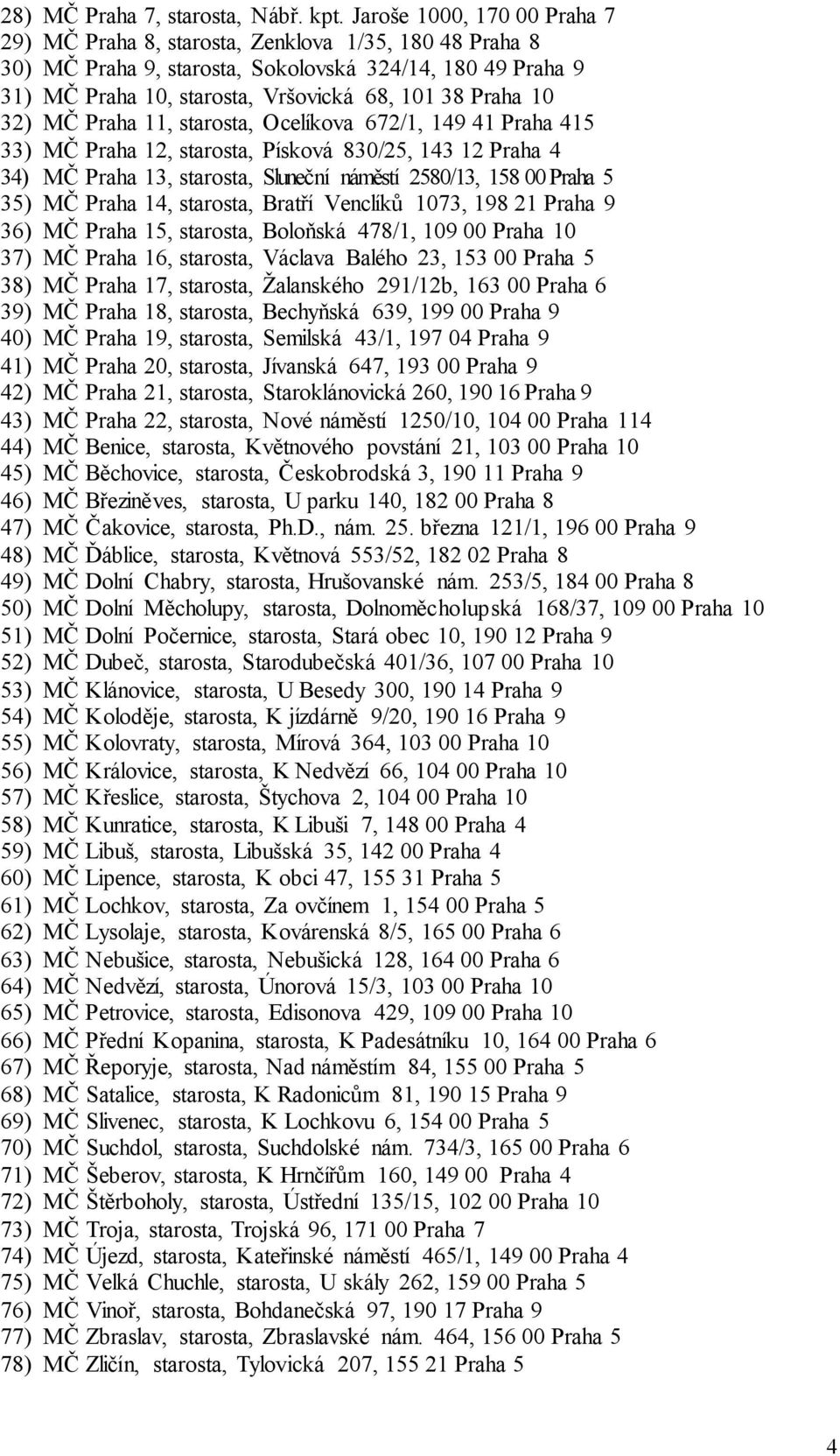 10 32) MČ Praha 11, starosta, Ocelíkova 672/1, 149 41 Praha 415 33) MČ Praha 12, starosta, Písková 830/25, 143 12 Praha 4 34) MČ Praha 13, starosta, Sluneční náměstí 2580/13, 158 00 Praha 5 35) MČ