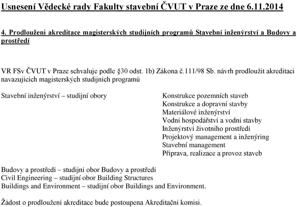 návrh prodloužit akreditaci navazujících magisterských studijních programů Stavební inženýrství studijní obory Konstrukce pozemních staveb Konstrukce a dopravní stavby Materiálové inženýrství Vodní