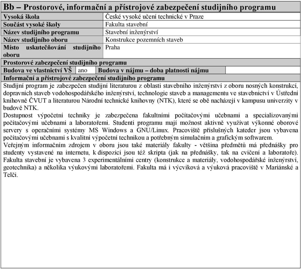 platnosti nájmu Informační a přístrojové zabezpečení studijního programu Studijní program je zabezpečen studijní literaturou z oblasti stavebního inženýrství z oboru nosných konstrukcí, dopravních