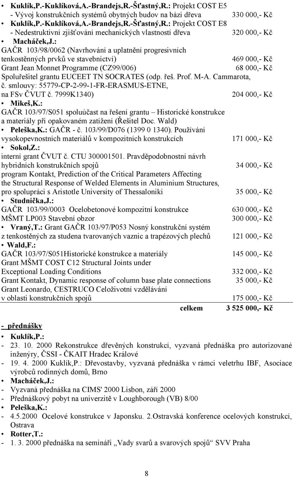 (odp. řeš. Prof. M-A. Cammarota, č. smlouvy: 55779-CP-2-99-1-FR-ERASMUS-ETNE, na FSv ČVUT č. 7999K1340) 204 000,- Kč Mikeš,K.