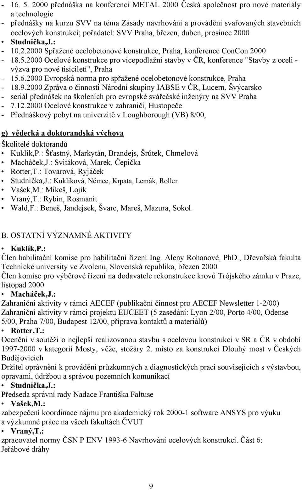 pořadatel: SVV Praha, březen, duben, prosinec 2000 Studnička,J.: - 10.2.2000 Spřažené ocelobetonové konstrukce, Praha, konference ConCon 2000-18.5.