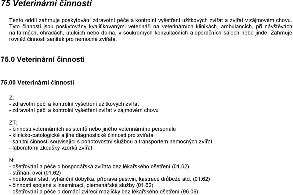 sálech nebo jinde. Zahrnuje rovněž činnosti sanitek pro nemocná zvířata. 75.0 Veterinární činnosti 75.