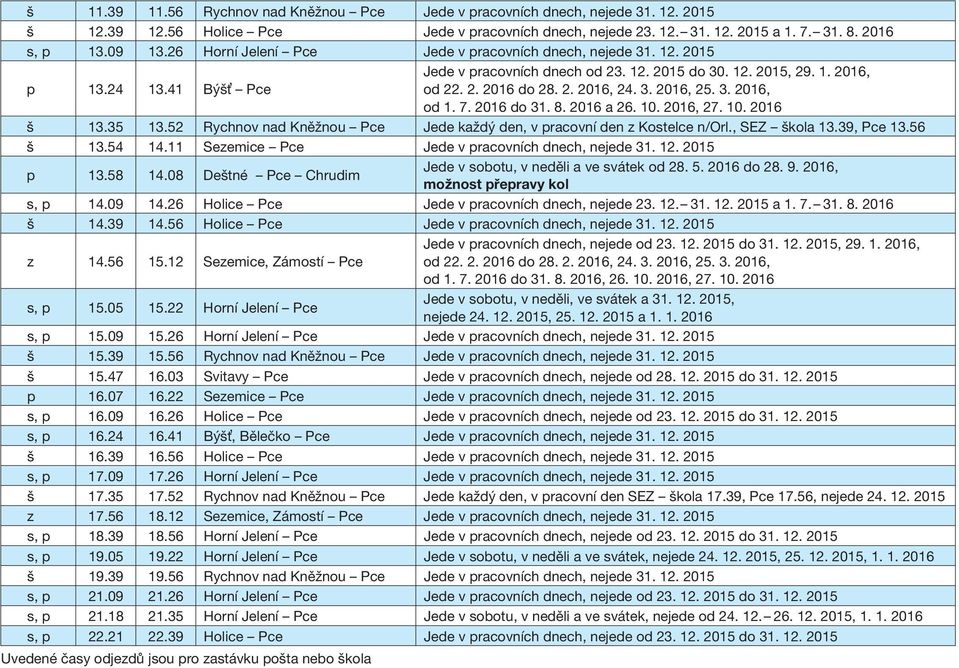 3. 2016, od 1. 7. 2016 do 31. 8. 2016 a 26. 10. 2016, 27. 10. 2016 š 13.35 13.52 Rychnov nad Kněžnou Pce Jede každý den, v pracovní den z Kostelce n/orl., SEZ škola 13.39, Pce 13.56 š 13.54 14.