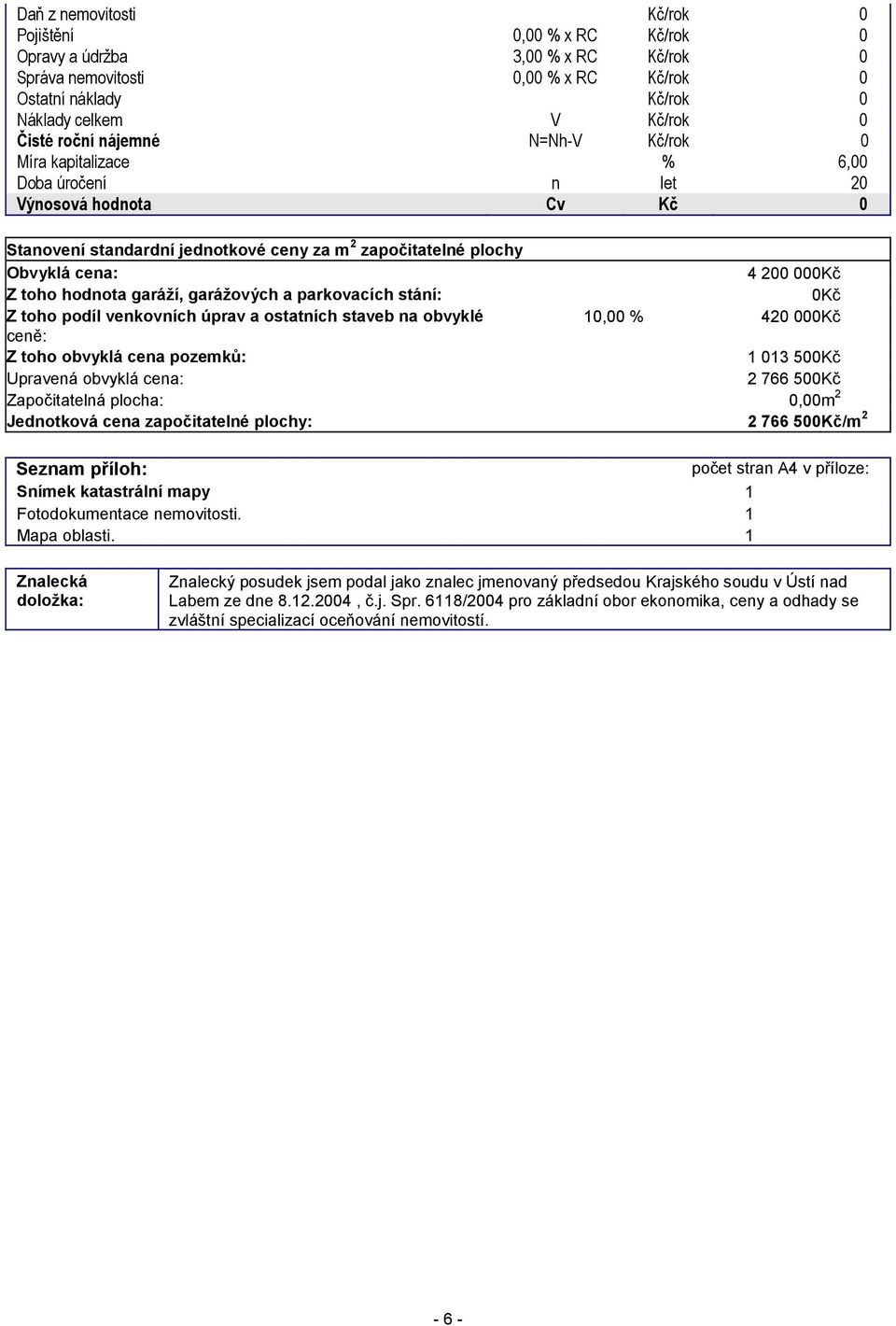 hodnota garáží, garážových a parkovacích stání: 0 Kč Z toho podíl venkovních úprav a ostatních staveb na obvyklé 10,00 % 420 000 Kč ceně: Z toho obvyklá cena pozemků: 1 013 500 Kč Upravená obvyklá