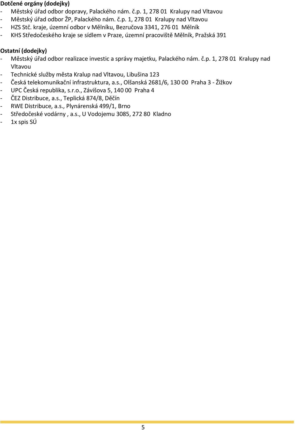 investic a správy majetku, Palackého nám. č.p. 1, 278 01 Kralupy nad Vltavou - Technické služby města Kralup nad Vltavou, Libušina 123 - Česká telekomunikační infrastruktura, a.s., Olšanská 2681/6, 130 00 Praha 3 - Žižkov - UPC Česká republika, s.