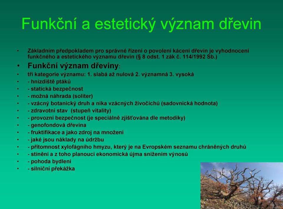 vysoká - hnízdiště ptáků - statická bezpečnost - možná náhrada (soliter) - vzácný botanický druh a nika vzácných živočichů (sadovnická hodnota) - zdravotní stav (stupeň vitality) - provozní
