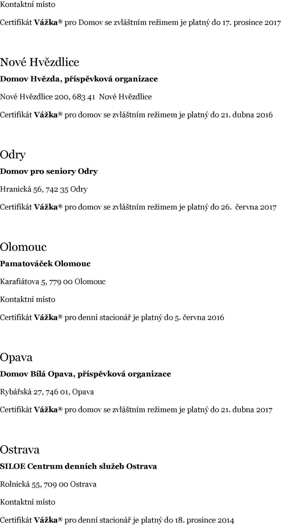 dubna 2016 Odry Domov pro seniory Odry Hranická 56, 742 35 Odry Certifikát Vážka pro domov se zvláštním režimem je platný do 26.