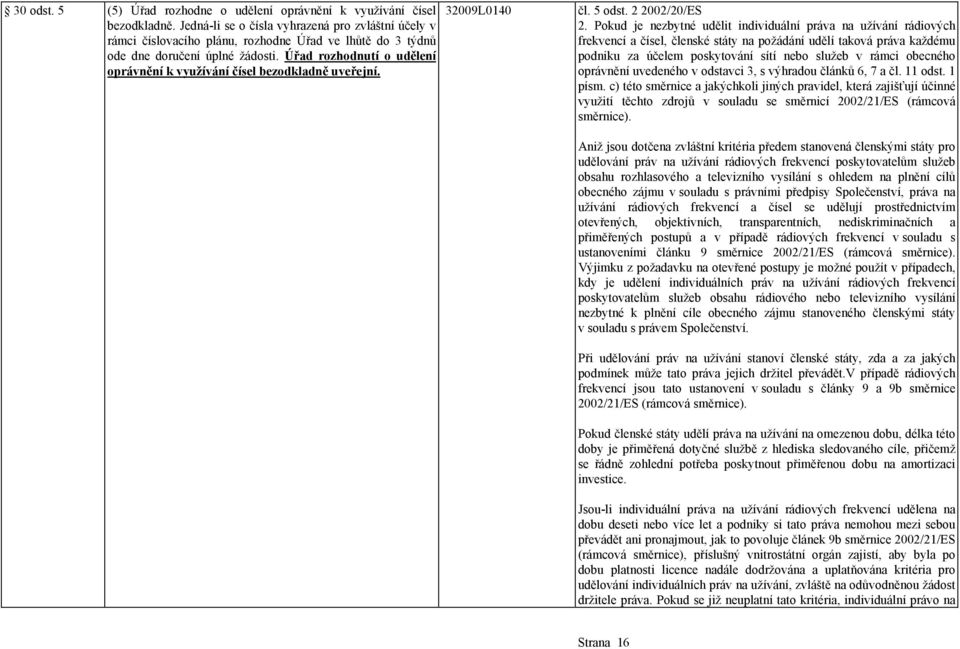 Úřad rozhodnutí o udělení oprávnění k využívání čísel bezodkladně uveřejní. čl. 5 odst. 2 2002/20/ES 2.