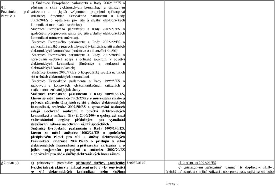 Směrnice Evropského parlamentu a Rady 2002/21/ES o společném předpisovém rámci pro sítě a služby elektronických komunikací (rámcová směrnice).