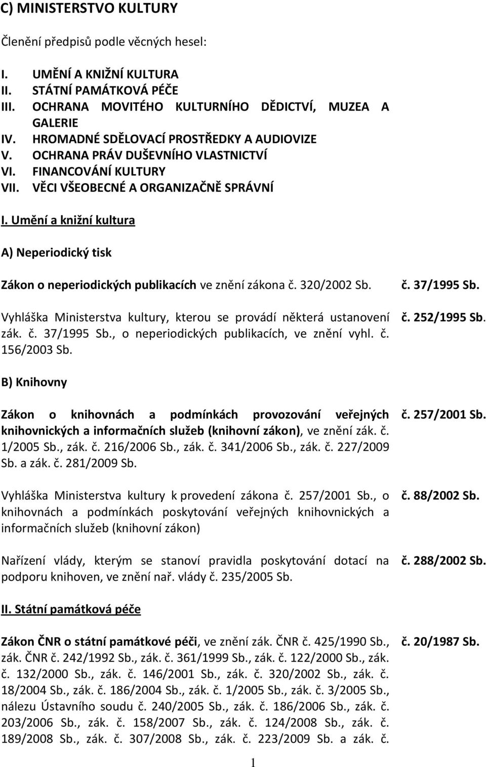 Umění a knižní kultura A) Neperiodický tisk Zákon o neperiodických publikacích ve znění zákona č. 320/2002 Sb. Vyhláška Ministerstva kultury, kterou se provádí některá ustanovení zák. č. 37/1995 Sb.