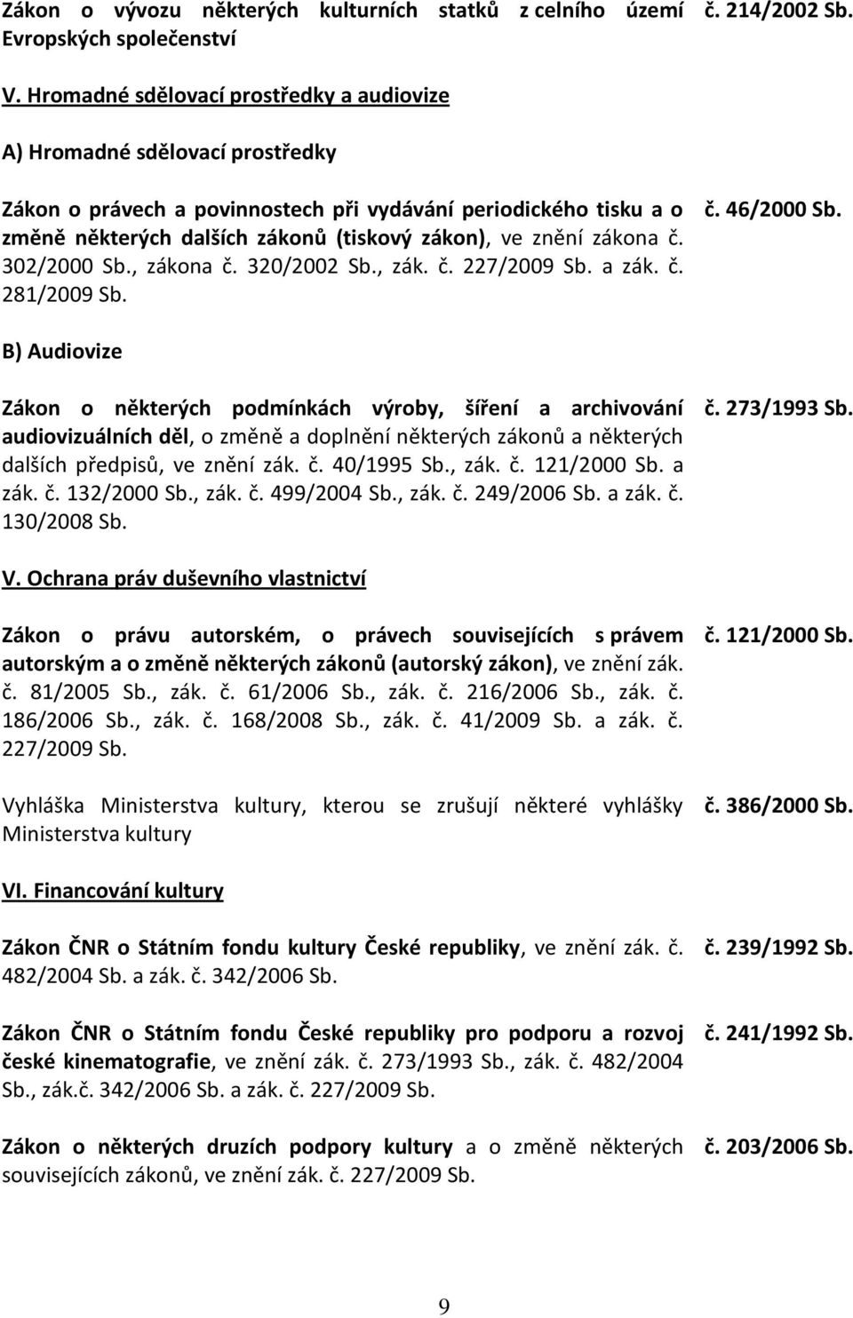 zákona č. 302/2000 Sb., zákona č. 320/2002 Sb., zák. č. 227/2009 Sb. a zák. č. 281/2009 Sb. č. 46/2000 Sb.