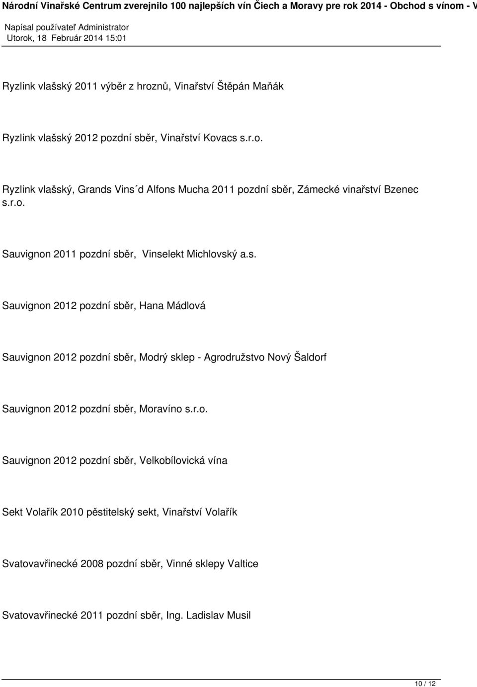 ěr, Vinselekt Michlovský a.s. Sauvignon 2012 pozdní sběr, Hana Mádlová Sauvignon 2012 pozdní sběr, Modrý sklep - Agrodružstvo Nový Šaldorf Sauvignon 2012 pozdní sběr, Moravíno s.