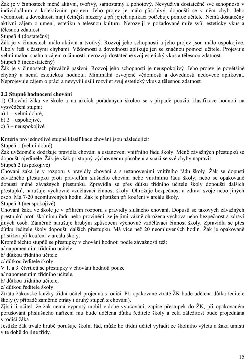 Nerozvíjí v požadované míře svůj estetický vkus a tělesnou zdatnost. Stupeň 4 (dostatečný) Žák je v činnostech málo aktivní a tvořivý. Rozvoj jeho schopností a jeho projev jsou málo uspokojivé.