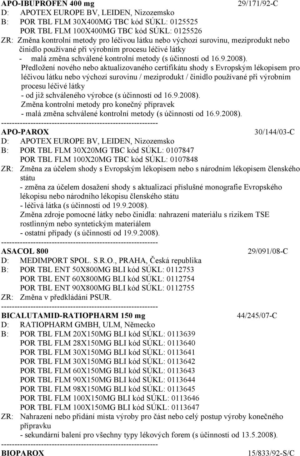 Předložení nového nebo aktualizovaného certifikátu shody s Evropským lékopisem pro léčivou látku nebo výchozí surovinu / meziprodukt / činidlo používané při výrobním procesu léčivé látky - od již