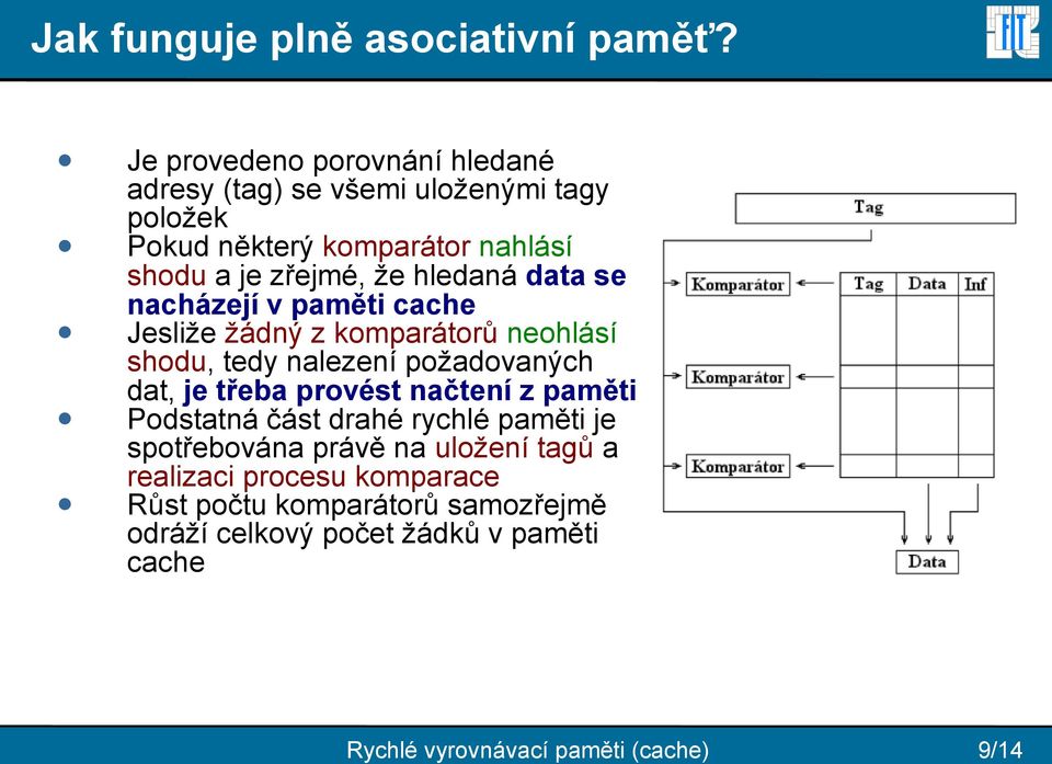 hledaná data se nacházejí v paměti cache Jesliže žádný z komparátorů neohlásí shodu, tedy nalezení požadovaných dat, je třeba provést