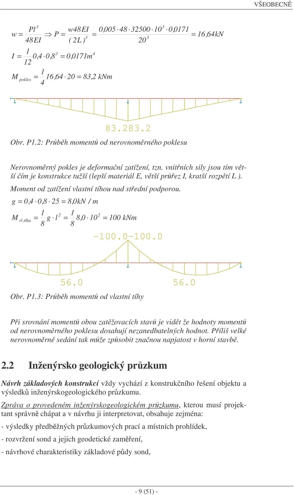Moment od zatížení vlastní tíhou nad stední podporou. g 0,4 0,8 25 8,0kN / m 1 2 1 2 M vl.tíha g l 8,0 10 8 8 100 knm -100.0-100.0 56.0 Obr. P1.3: Prbh moment od vlastní tíhy 56.