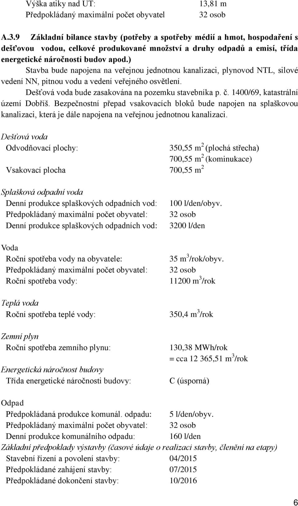 osob A.3.9 Základní bilance stavby (potřeby a spotřeby médií a hmot, hospodaření s dešťovou vodou, celkové produkované množství a druhy odpadů a emisí, třída energetické náročnosti budov apod.